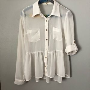 Sheer white, peplum button up with gold buttons